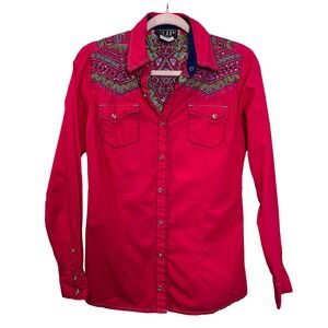 Cowgirl Up Embroidered Western‎ Rodeo Pearl Snap Shirt Pink Bling Gems Women's S